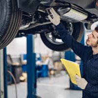 Auto car repair service center. Mechanic examining car