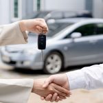 Dealership manager send car keys to the new owner. Sales, loan credit financial, rent vehicle, insurance, renting, Seller, dealer, installment, car care business