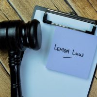 Concept of Lemon Law write on sticky notes with gavel isolated on Wooden Table.