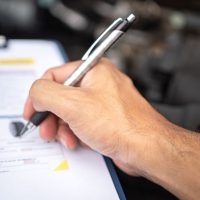 Close-up at a mechanic foreman's hand is checking on multi-point car service guideline checklist form, to verify the car service quality. Expertise working action scene, selective focus. Close-up at a mechanic foreman's hand is checking on multi-point car service guideline checklist form, to verify the car service quality. Expertise working action scene, selective focus.