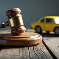 A detailed shot of a yellow toy car alongside a wooden gavel on a wooden surface.