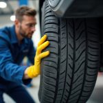 Mechanic examines car tire in garage. Skilled technician inspects rubber tread for vehicle safety. Focused repairman ensures tire protection performance. Automotive repair takes place in noisy