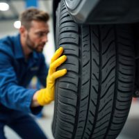Mechanic examines car tire in garage. Skilled technician inspects rubber tread for vehicle safety. Focused repairman ensures tire protection performance. Automotive repair takes place in noisy Mechanic examines car tire in garage. Skilled technician inspects rubber tread for vehicle safety. Focused repairman ensures tire protection performance. Automotive repair takes place in noisy