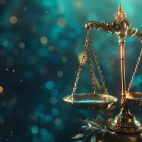 Golden scales of justice, glowing against a bokeh blue backdrop, depict equity and law. ideal for legal themes. AI Golden scales of justice, glowing against a bokeh blue backdrop, depict equity and law. ideal for legal themes. AI