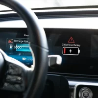 Close-up of a car dashboard, displaying a critical low battery alert and a recharge prompt, indicating urgency with a caution symbol.