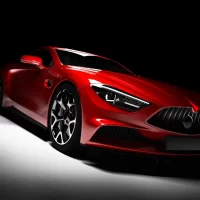 Luxury car interior featuring tan leather seats, steering wheel, blue dashboard gauges, and central console