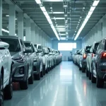 Rows of brand Chinese new silver cars aligned symmetrically in modern factory interior under bright lights, concept of automotive manufacturing, car industry, electric vehicle production
