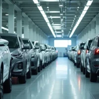 Rows of brand Chinese new silver cars aligned symmetrically in modern factory interior under bright lights, concept of automotive manufacturing, car industry, electric vehicle production Rows of brand Chinese new silver cars aligned symmetrically in modern factory interior under bright lights, concept of automotive manufacturing, car industry, electric vehicle production